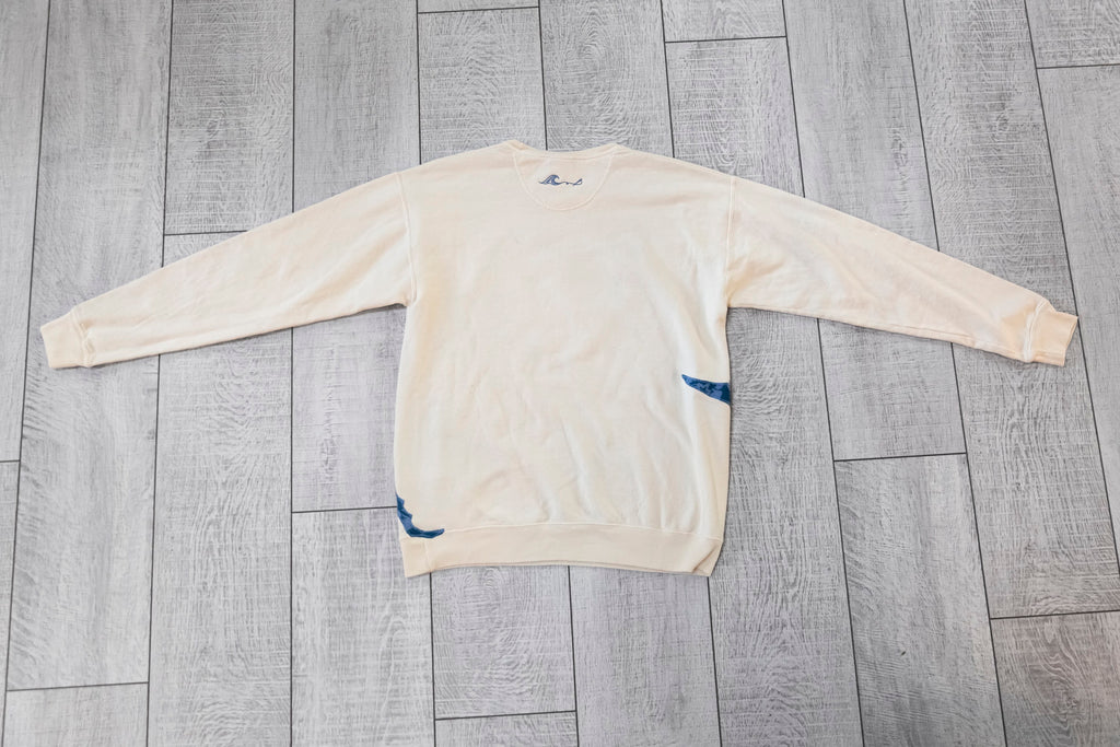 Double Whale Shark Upcycled Appliqué Crewneck – Cream & Blue Floral