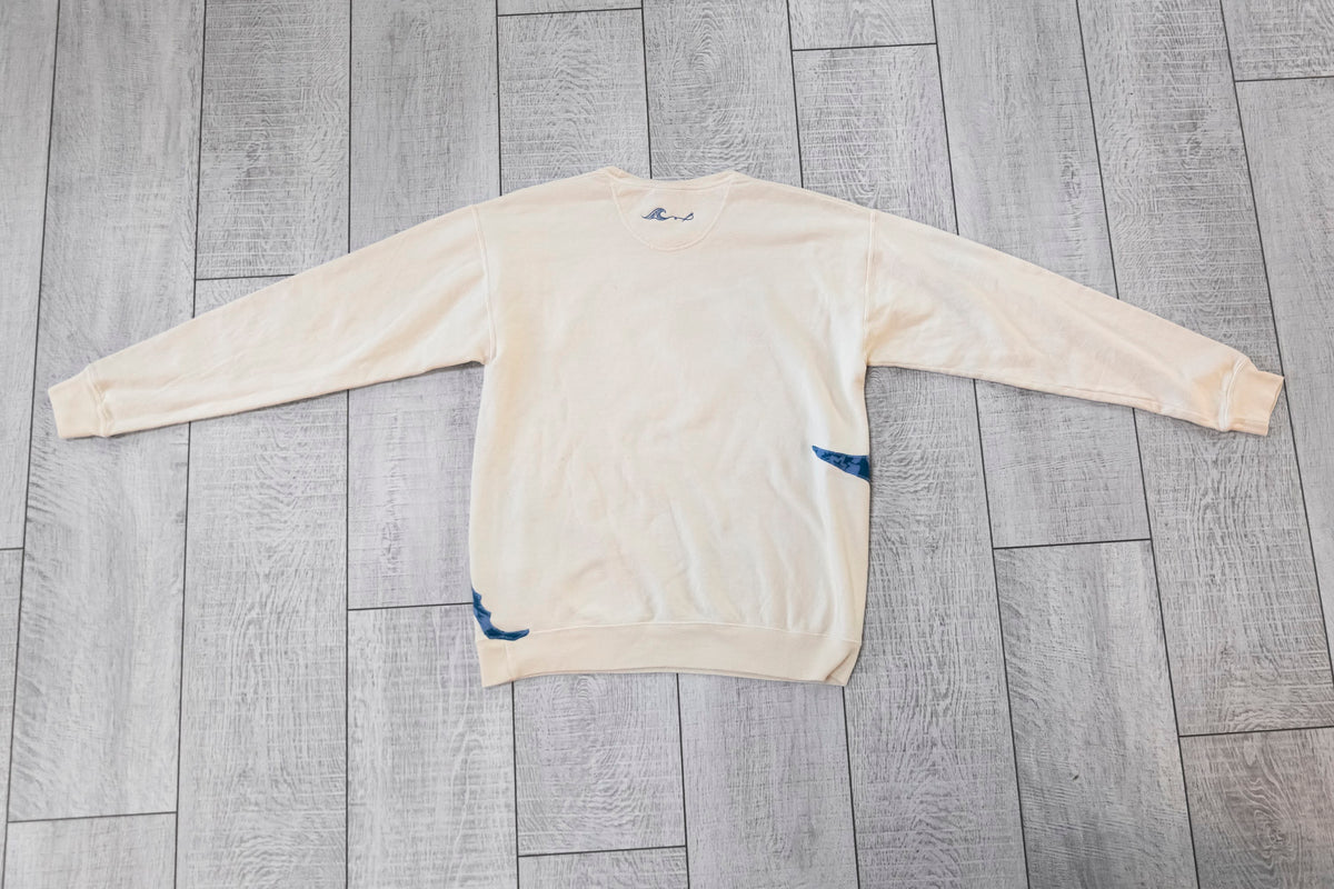Double Whale Shark Upcycled Appliqué Crewneck – Cream & Blue Floral