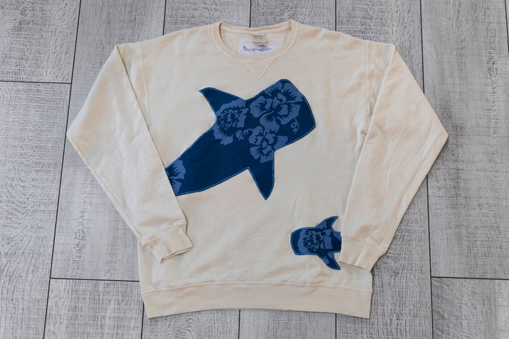 Double Whale Shark Upcycled Appliqué Crewneck – Cream & Blue Floral