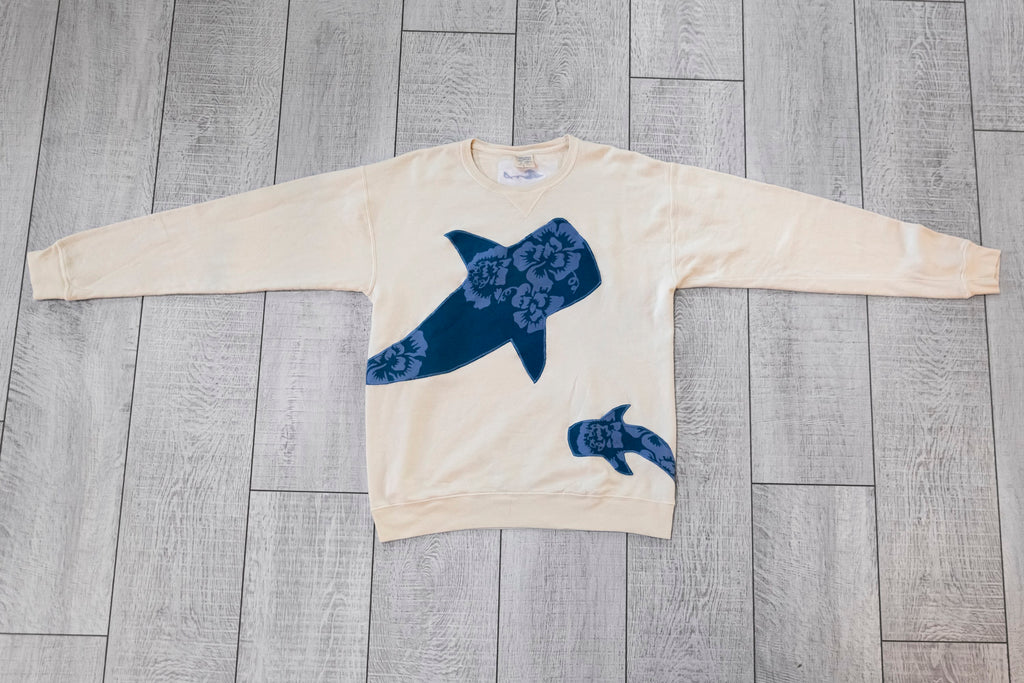 Double Whale Shark Upcycled Appliqué Crewneck – Cream & Blue Floral