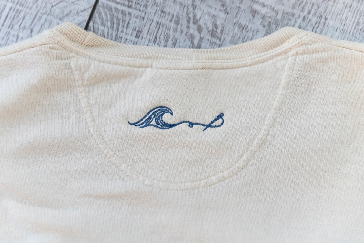 Double Whale Shark Upcycled Appliqué Crewneck – Cream & Blue Floral
