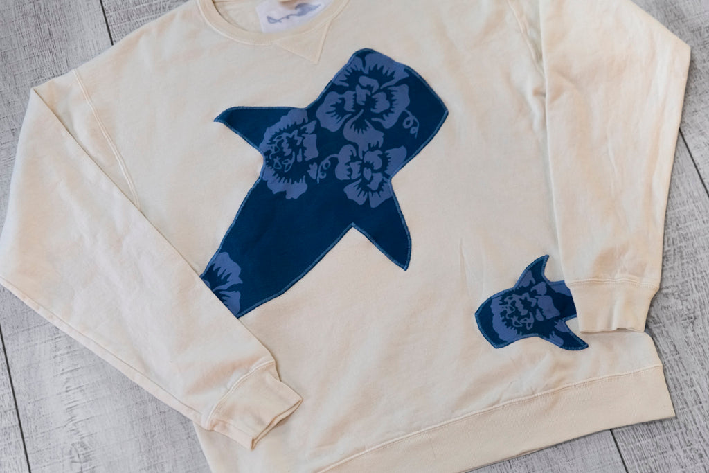 Double Whale Shark Upcycled Appliqué Crewneck – Cream & Blue Floral