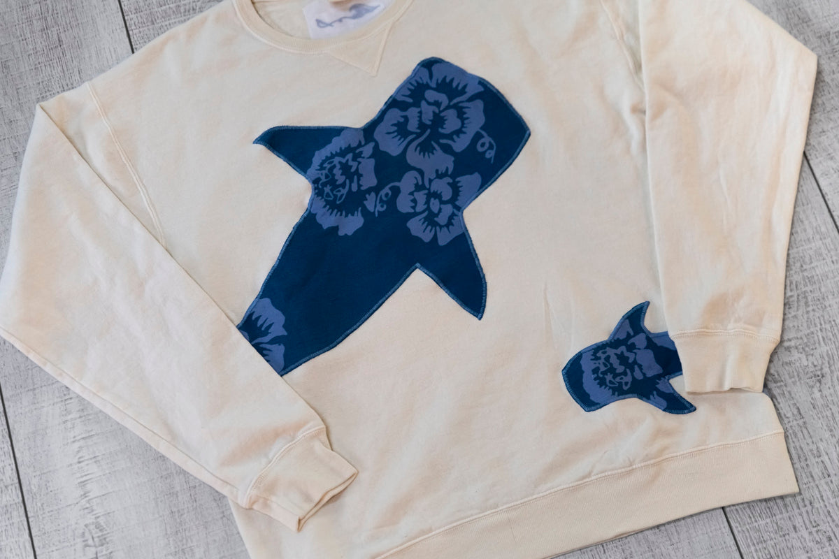 Double Whale Shark Upcycled Appliqué Crewneck – Cream & Blue Floral