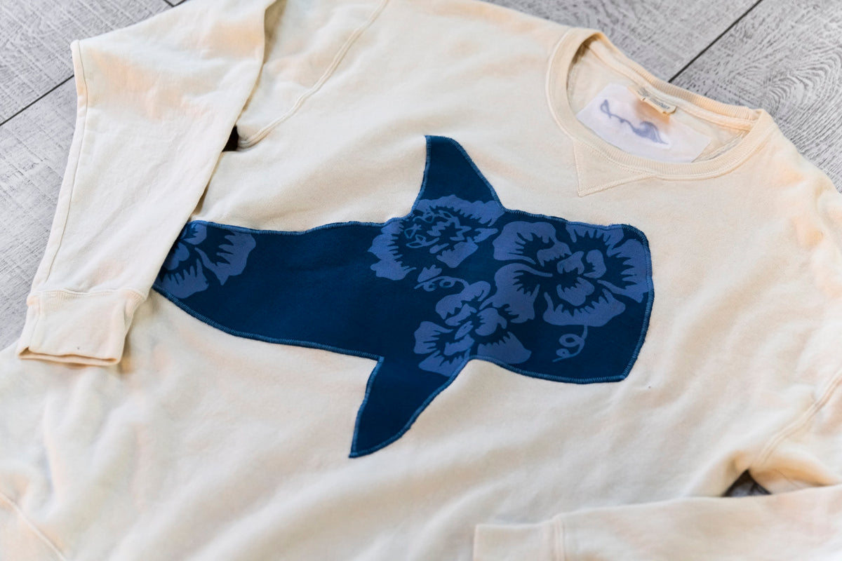 Double Whale Shark Upcycled Appliqué Crewneck – Cream & Blue Floral
