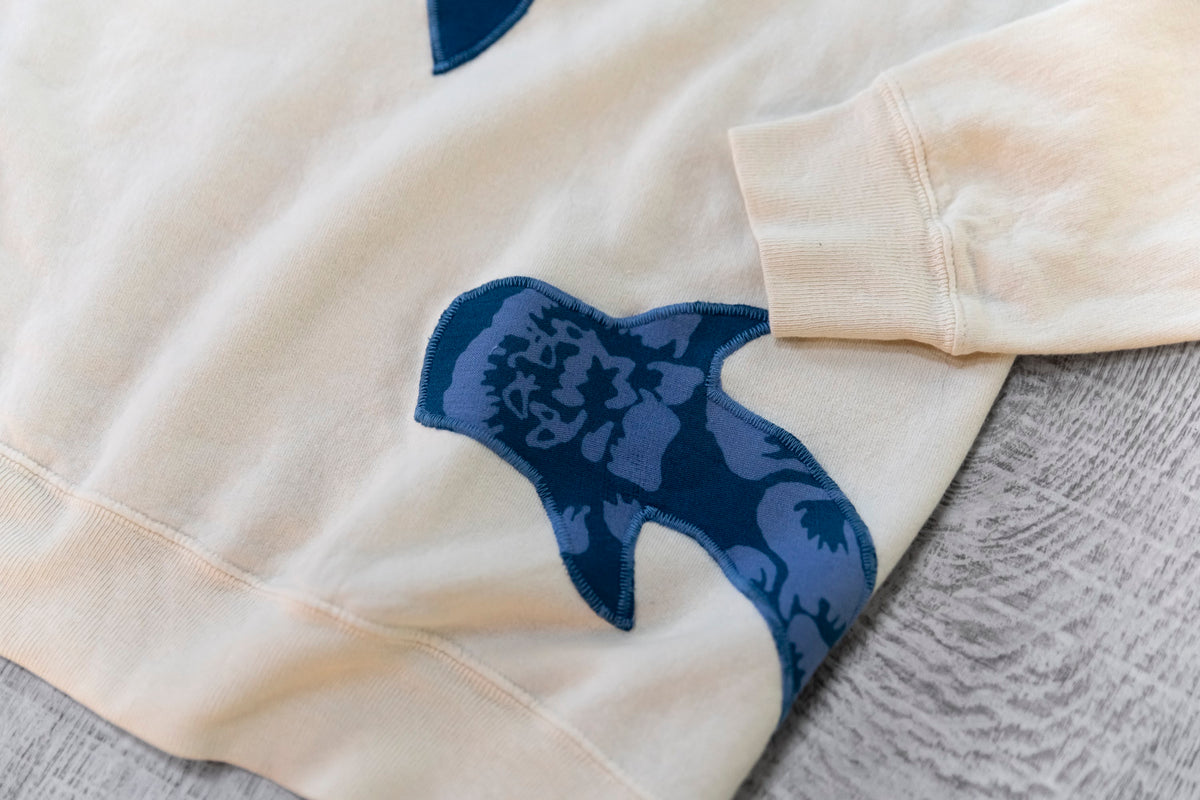 Double Whale Shark Upcycled Appliqué Crewneck – Cream & Blue Floral