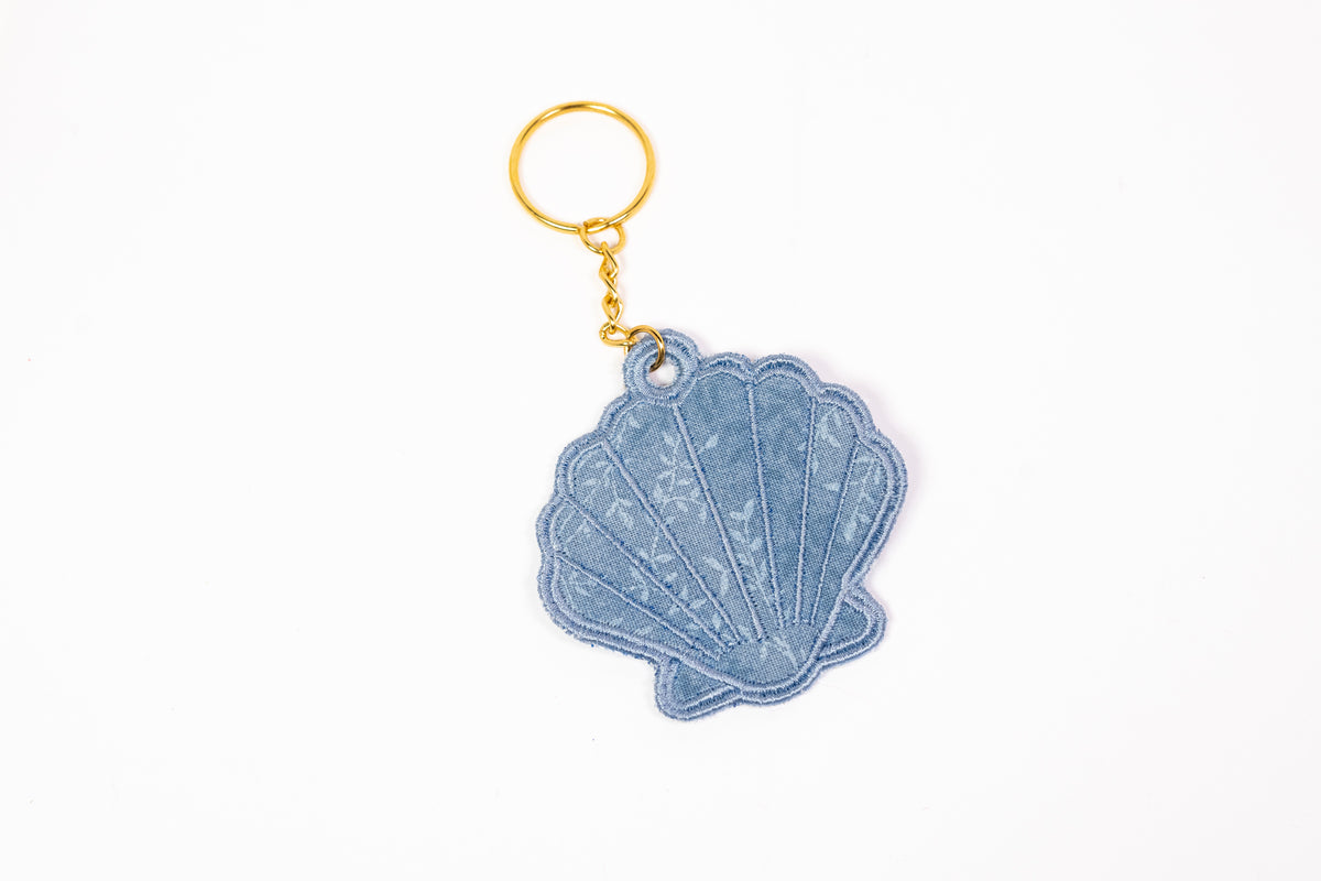 Blue Floral Seashell Embroidered Keychain