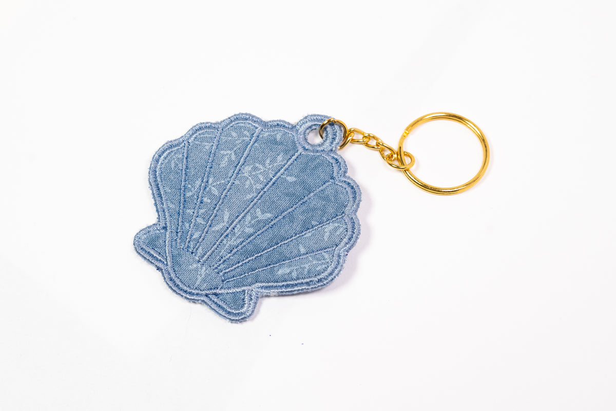 Blue Floral Seashell Embroidered Keychain